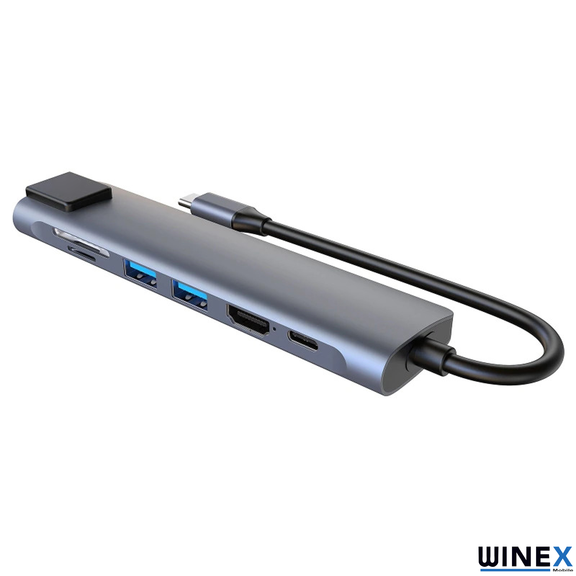 SD, HDMI ve USB bağlantı noktalarına ve kabloya sahip gri USB-C hub.