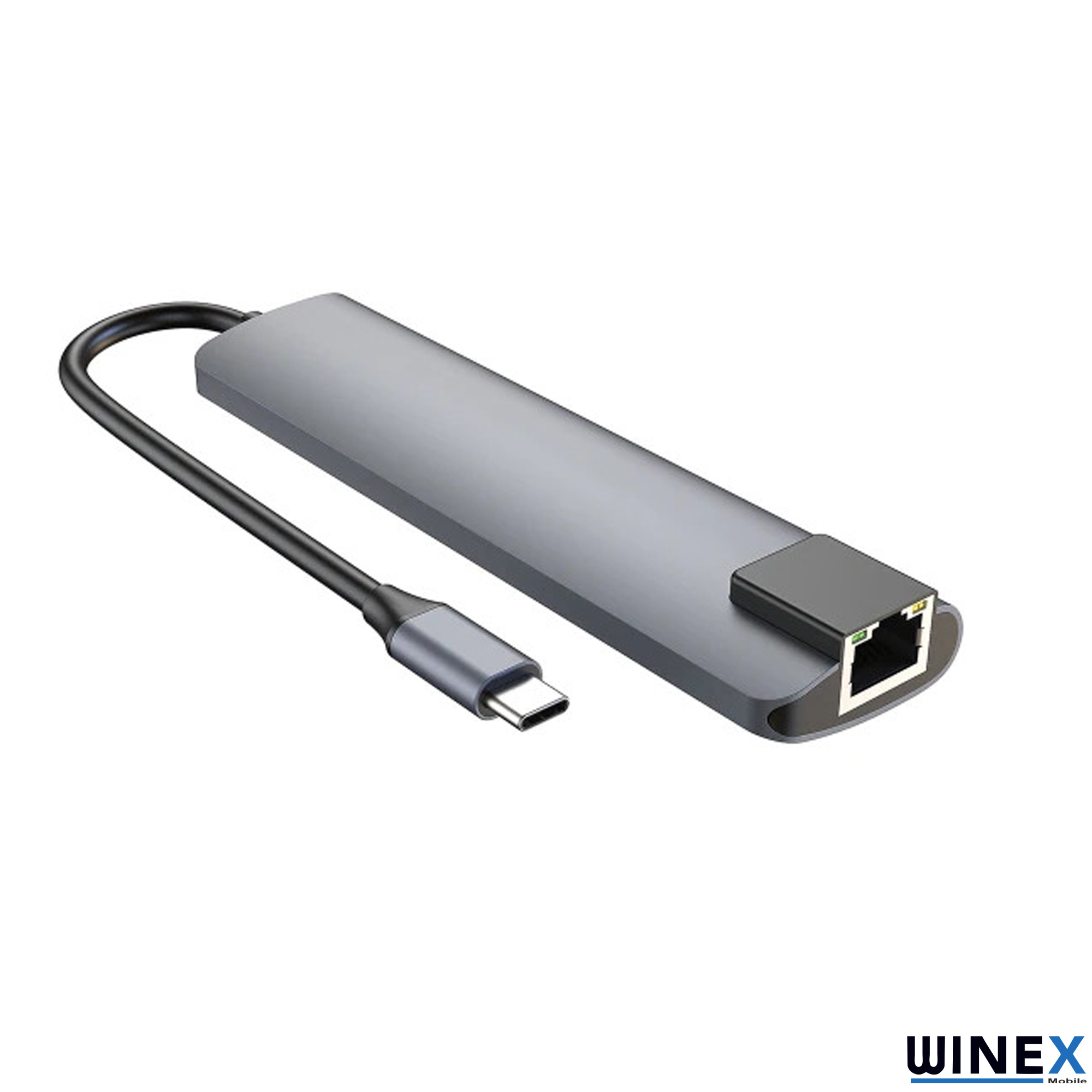 Ethernet portlu ve USB-C konnektörlü gri USB-C hub.