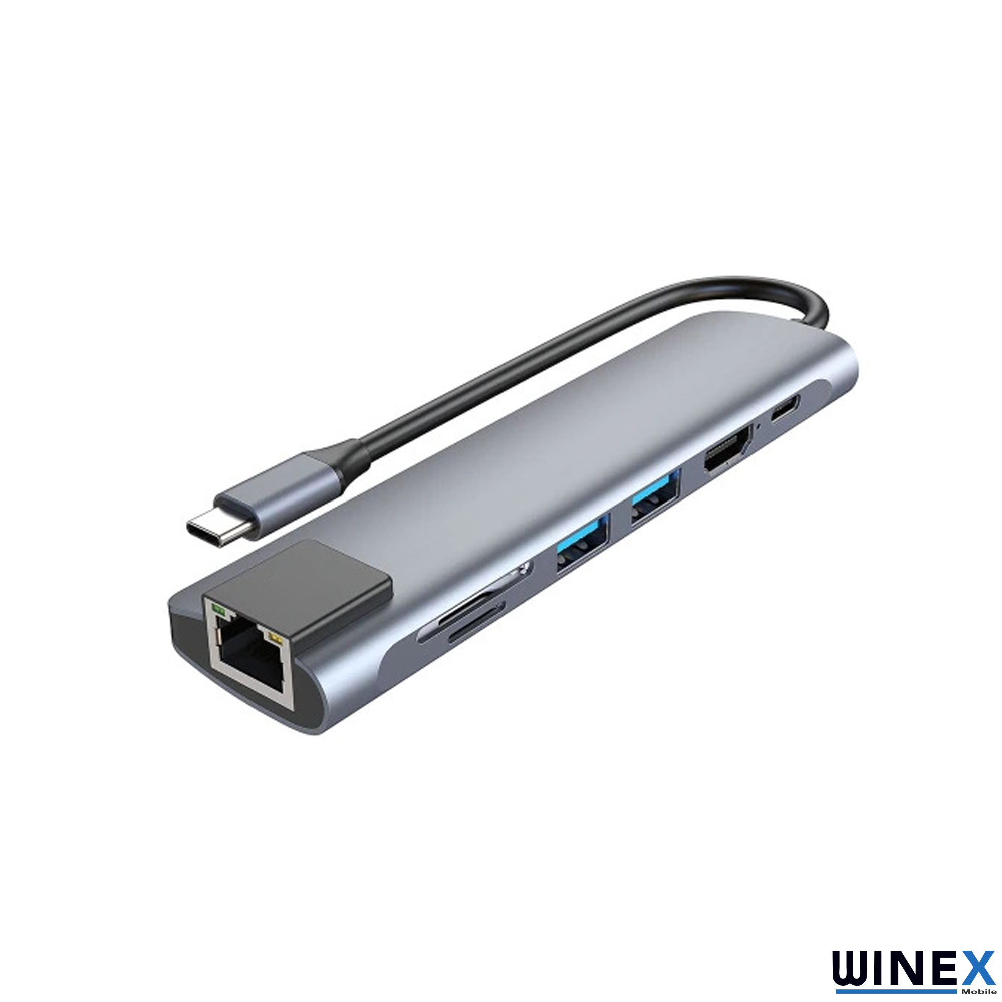 Ethernet, SD, HDMI ve USB bağlantı noktalarına sahip gri USB-C hub.