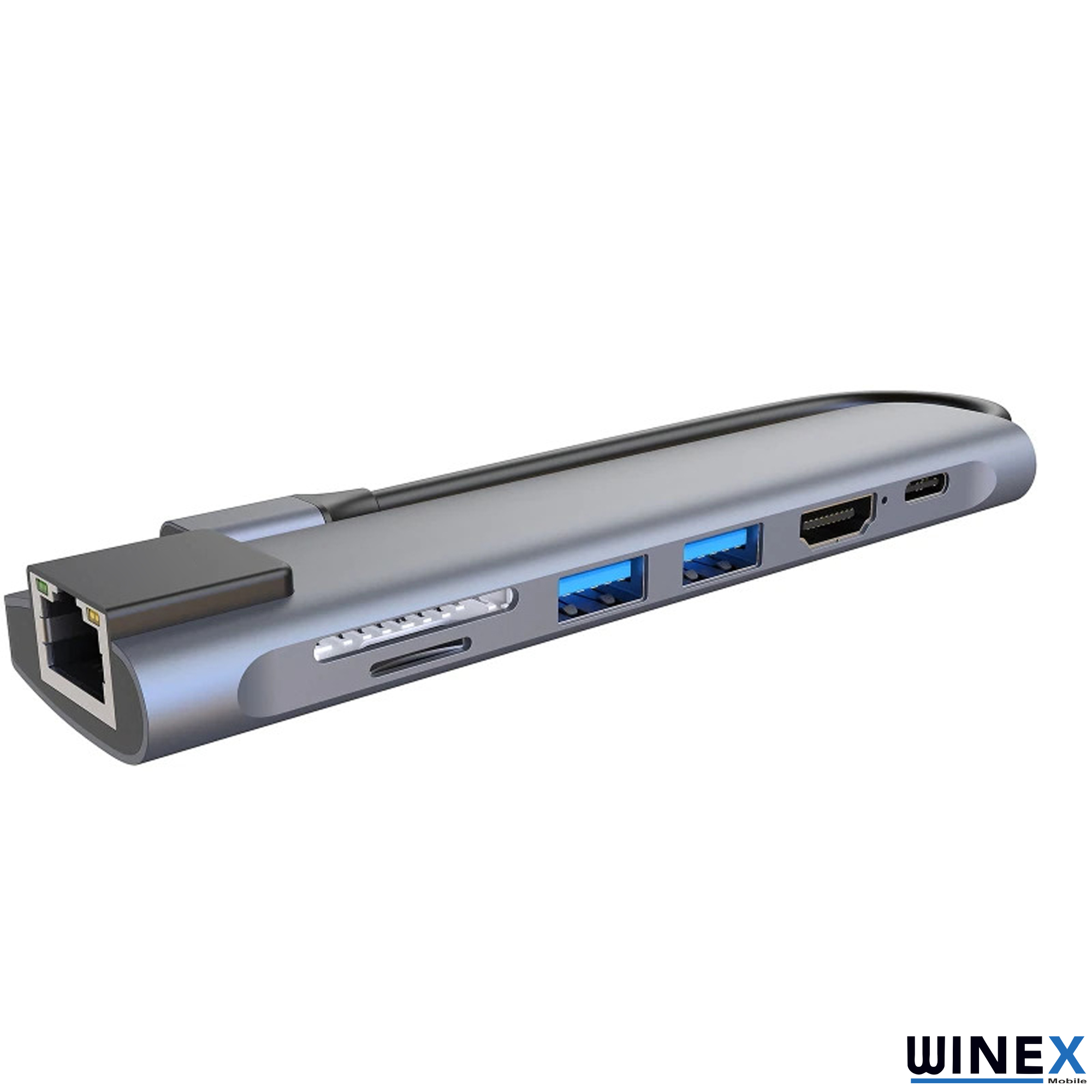 Ethernet, SD, HDMI ve USB bağlantı noktalarına sahip gri USB-C hub.