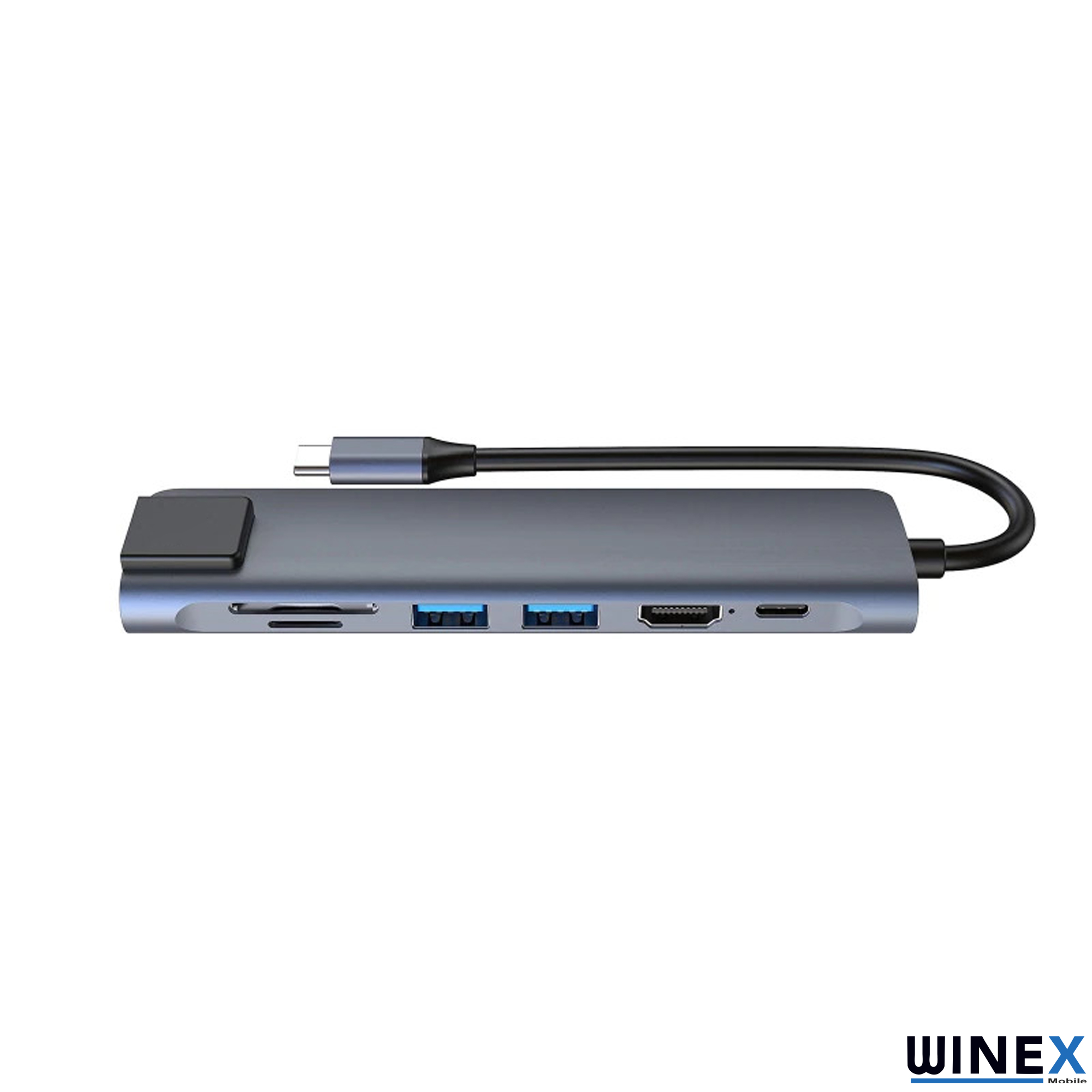 SD kart okuyuculu, iki USB bağlantı noktalı, HDMI ve şarj bağlantı noktalı gri USB-C hub.