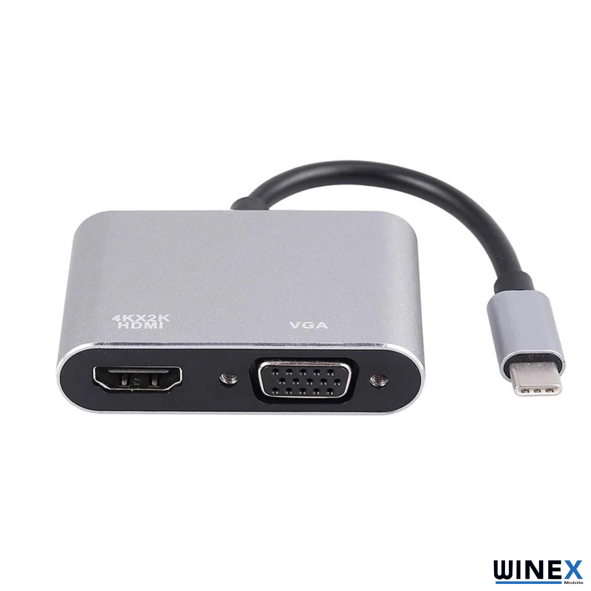 HDMI, VGA bağlantı noktaları ve USB-C kablosu olan gümüş USB-C hub.