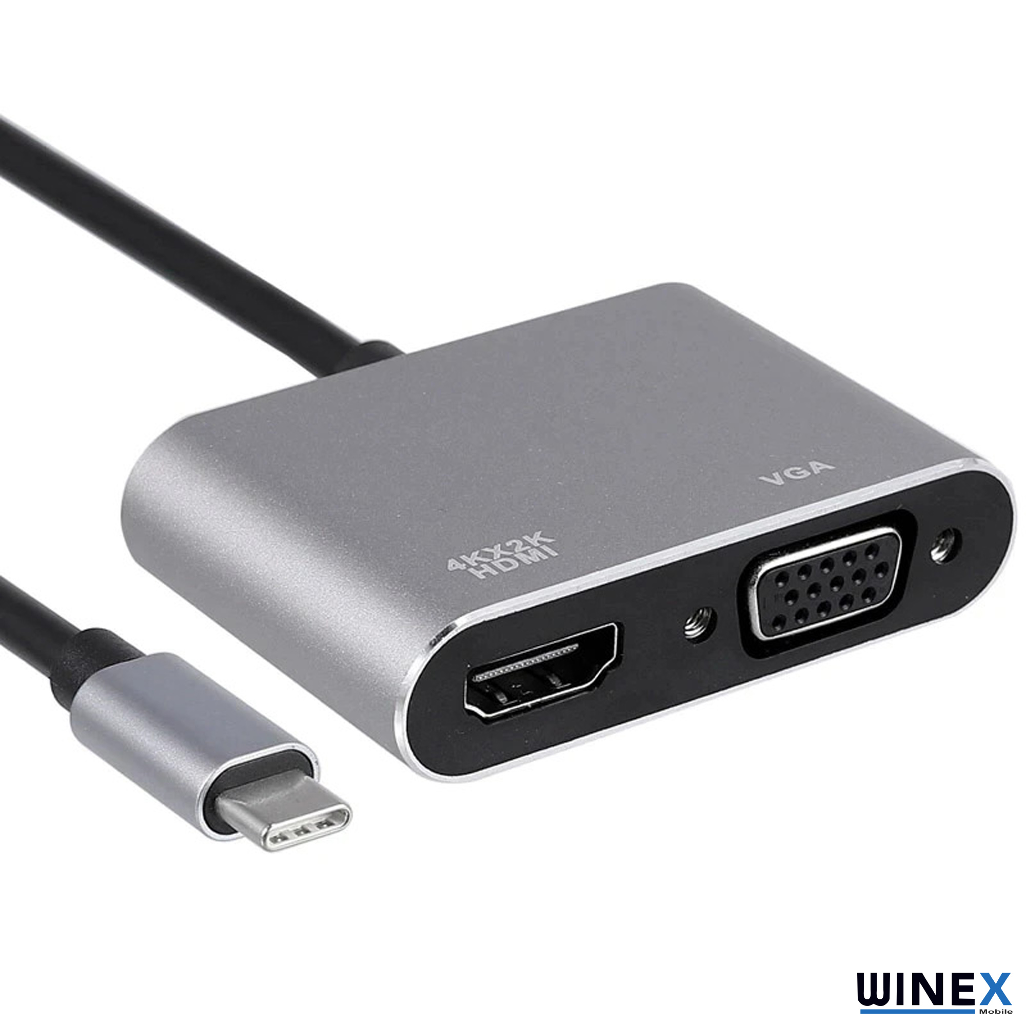 HDMI ve VGA bağlantı noktalarına sahip gümüş USB-C adaptörü.