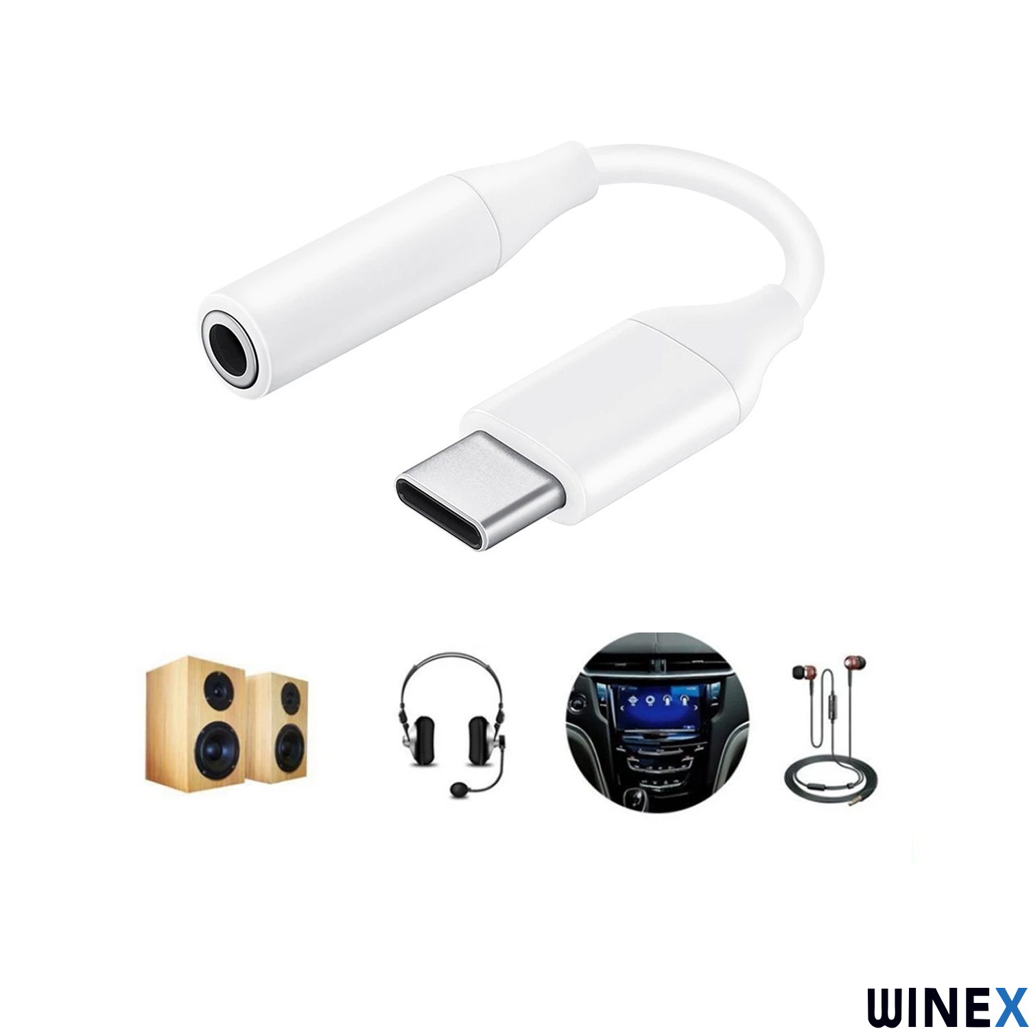 Hoparlörler, kulaklıklar ve araba ekranı içeren beyaz USB-C - 3,5 mm ses adaptörü.