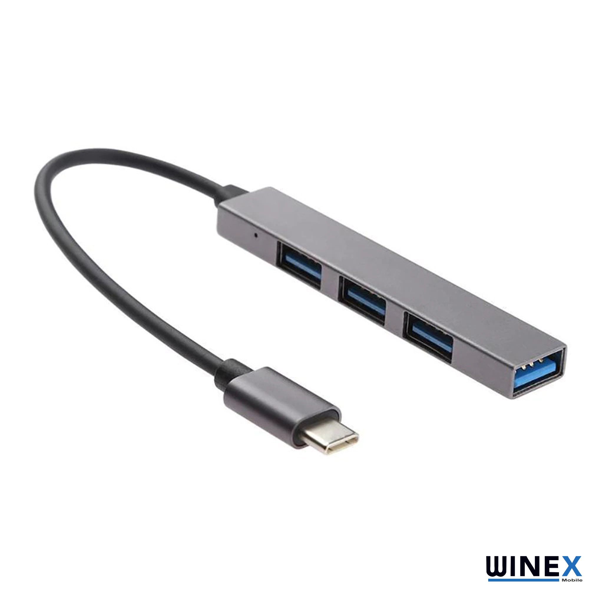 Üç USB 3.0 bağlantı noktasına ve siyah kabloya sahip gri USB-C hub.