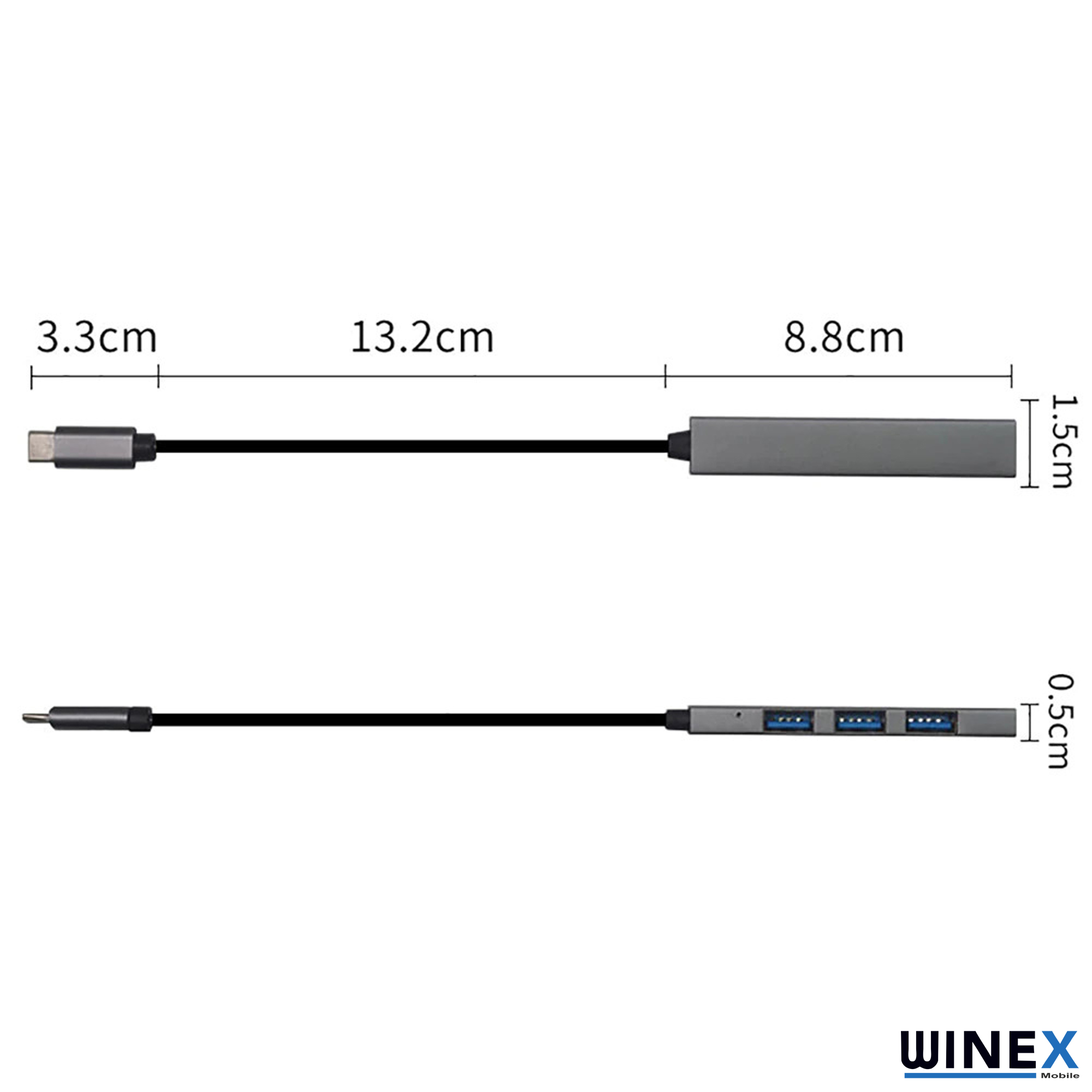 Boyutları olan iki USB-C hub yan yana gösteriliyor.
