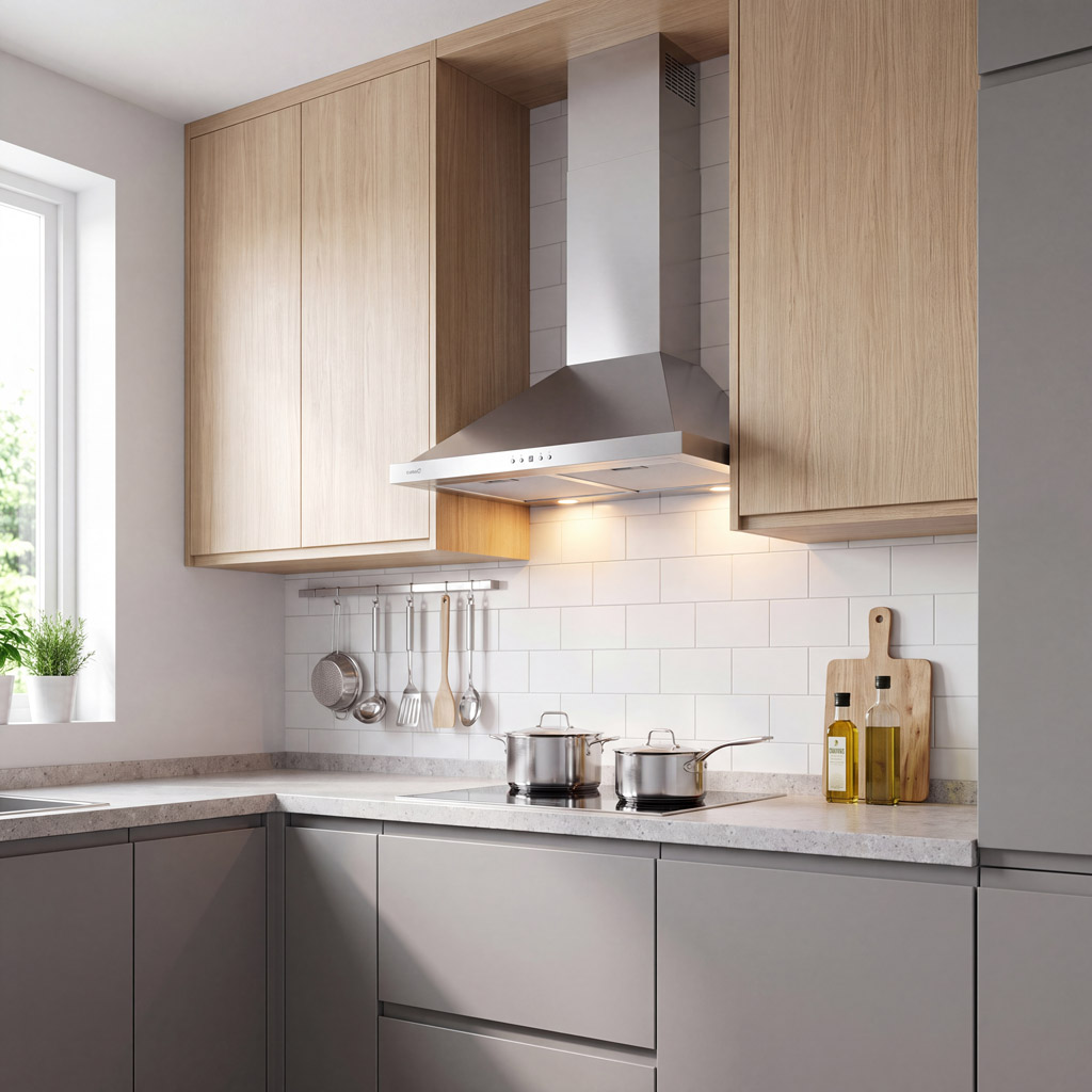 Cocina moderna con gabinetes de madera, campana de acero inoxidable y gabinetes grises.