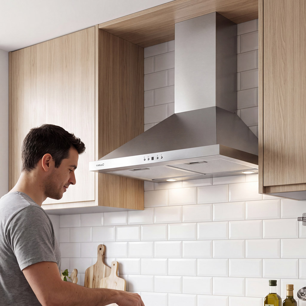 Hombre en una cocina moderna bajo una campana extractora de acero inoxidable.