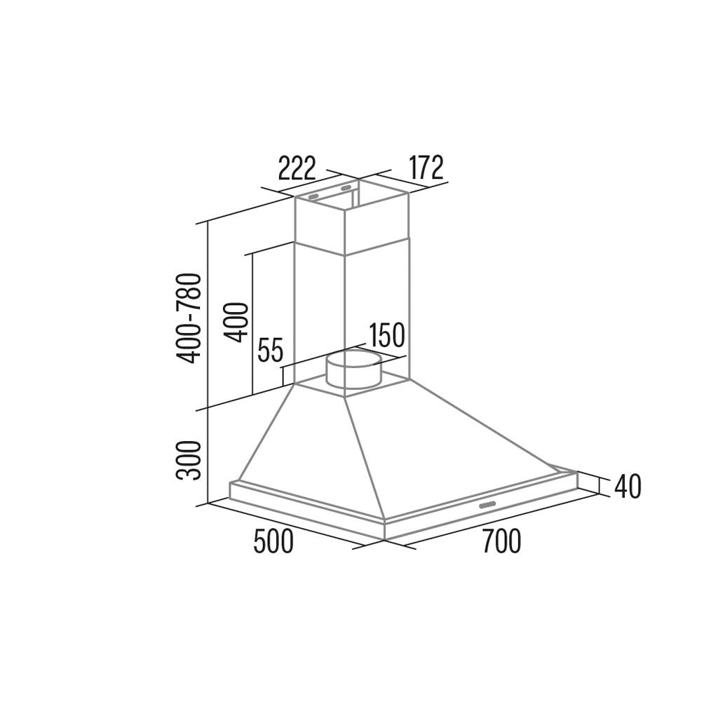 Dibujo técnico de una campana extractora con dimensiones.