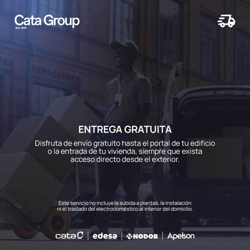 Un repartidor carga cajas en un carrito frente a una furgoneta. Entrega gratuita.