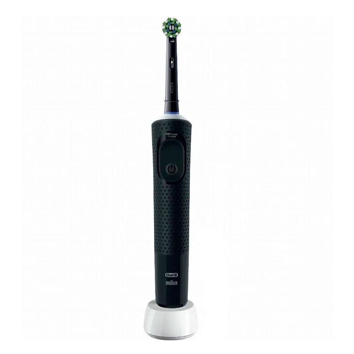 Spazzolino elettrico nero con base di ricarica, logo Oral-B Braun.