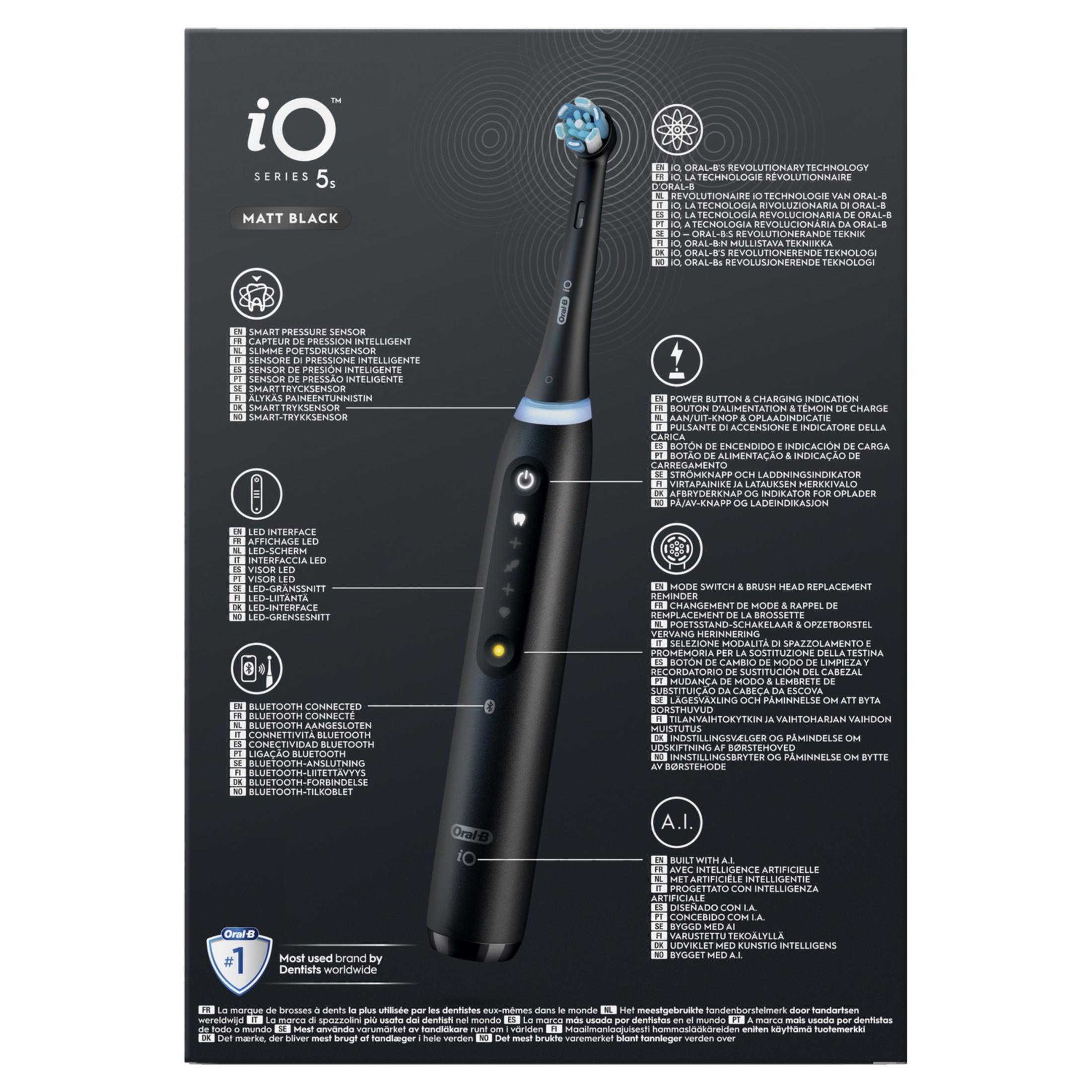 Spazzolino elettrico nero Oral-B iO Series 5S con setole blu e spia di carica.