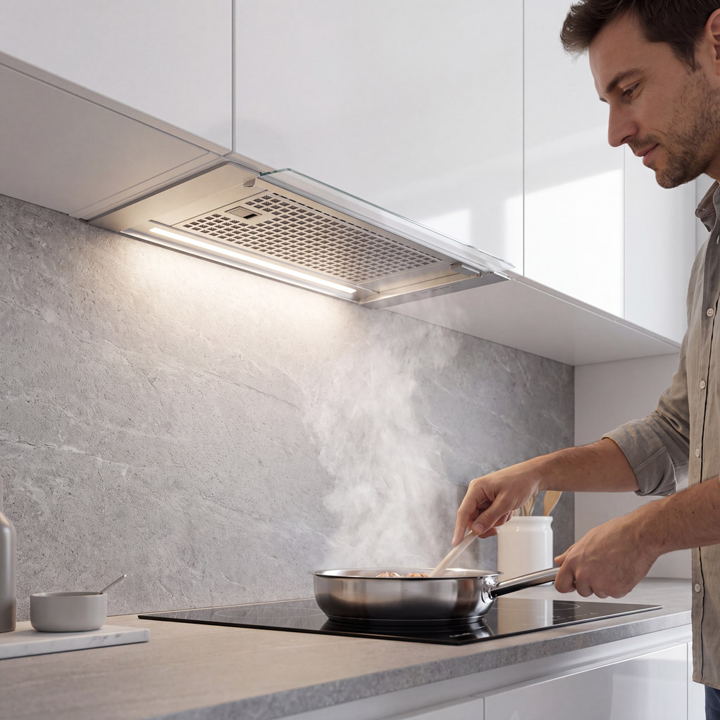 Un hombre cocina en una cocina moderna sobre una placa de inducción.