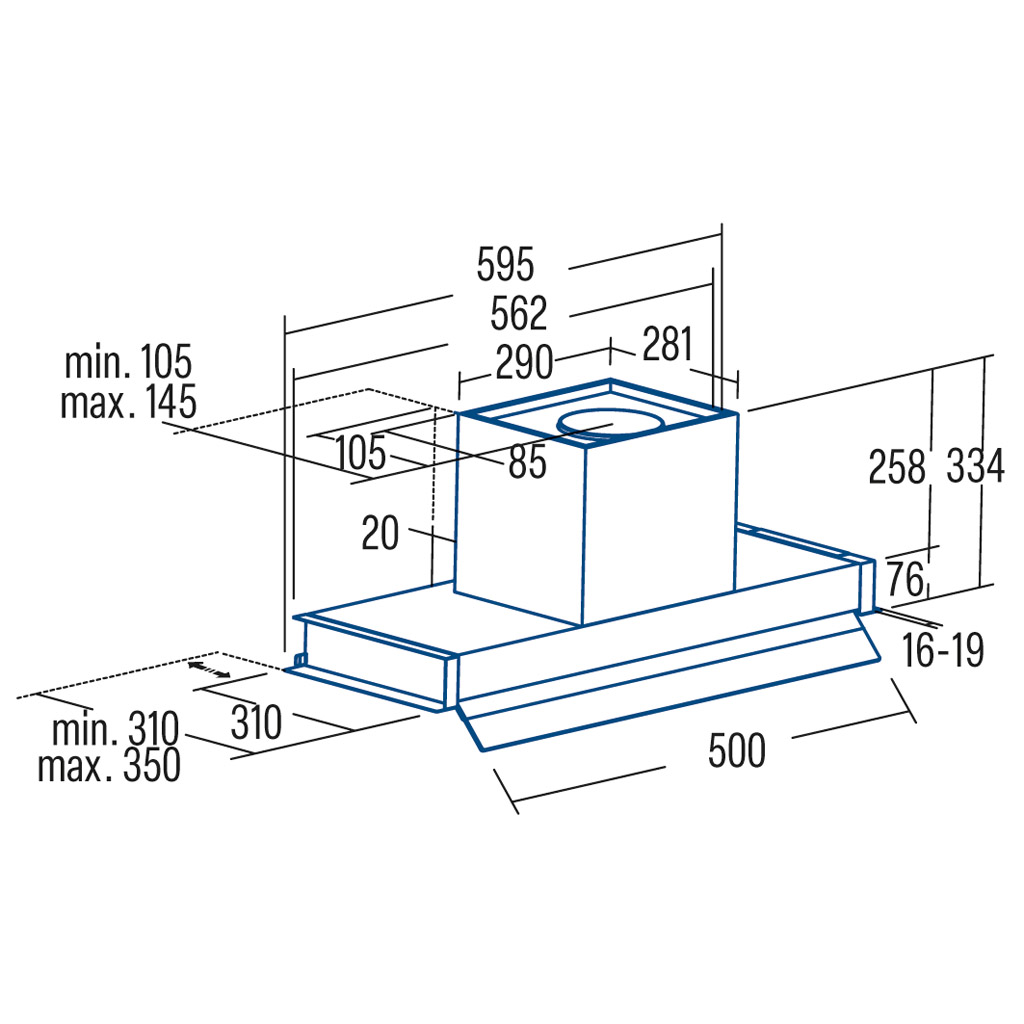 Dibujo técnico de una campana extractora con dimensiones.