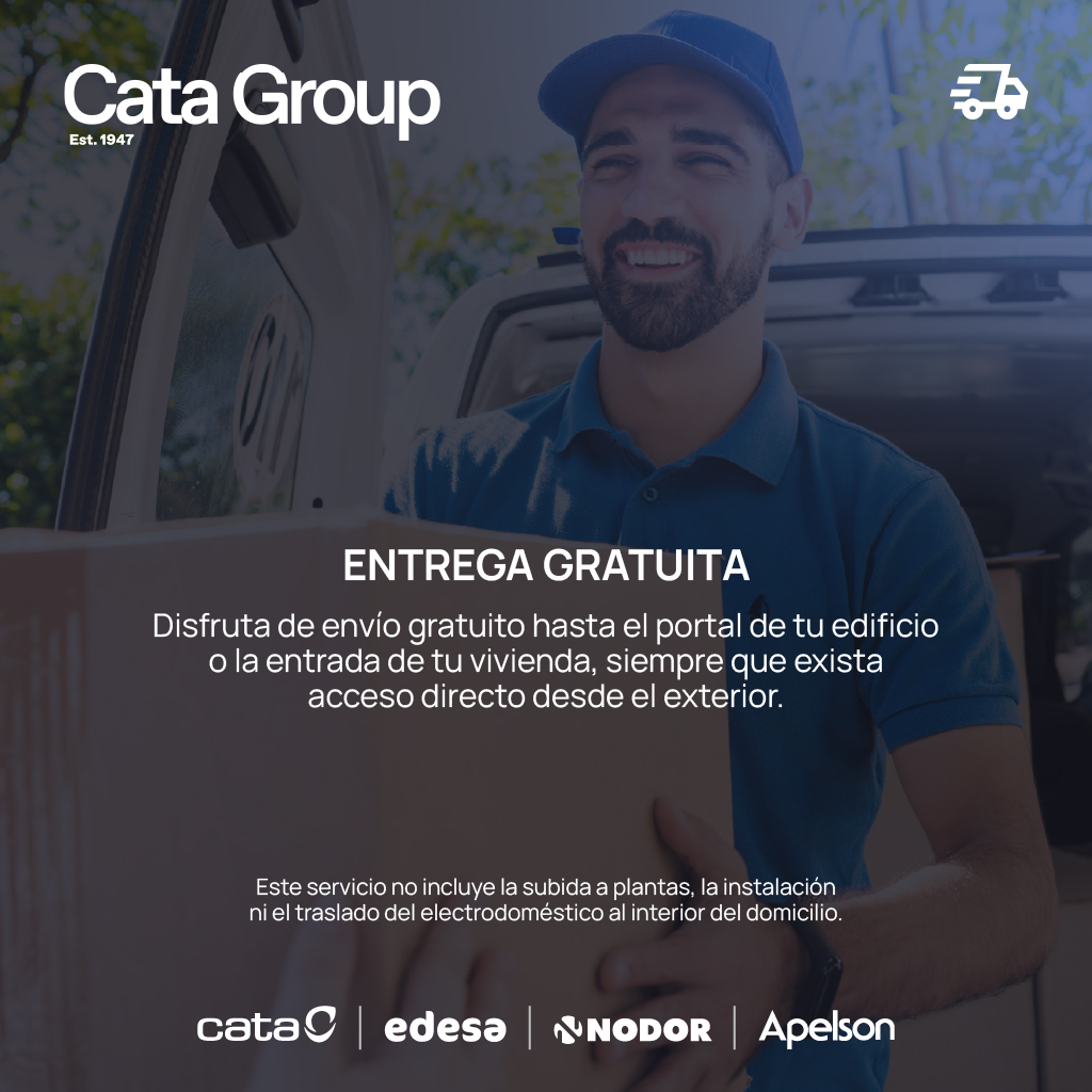 Un repartidor con un paquete frente a una furgoneta. Logo y texto sobre entrega gratuita.