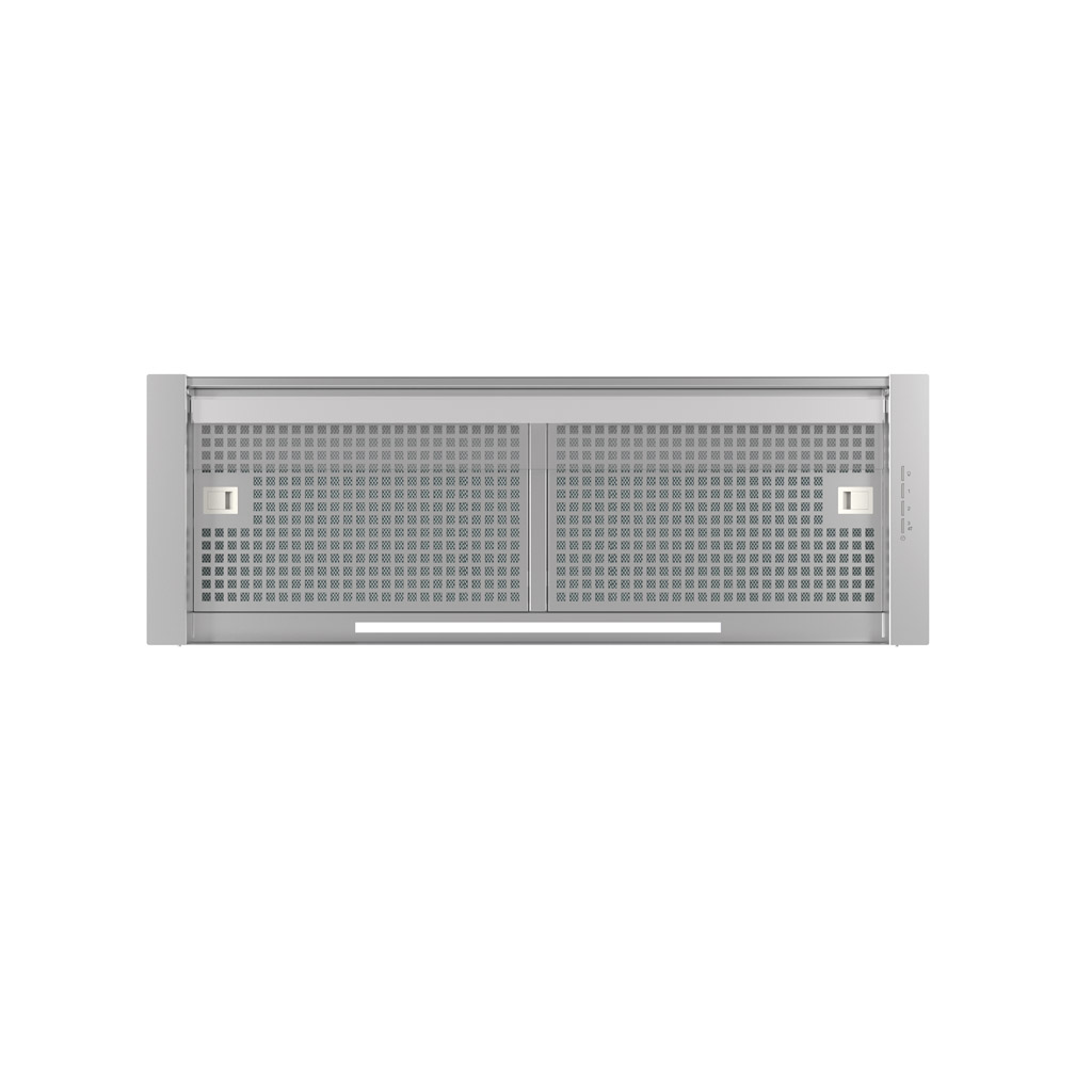 Una campana extractora plateada con panel frontal perforado y dos botones de luz.