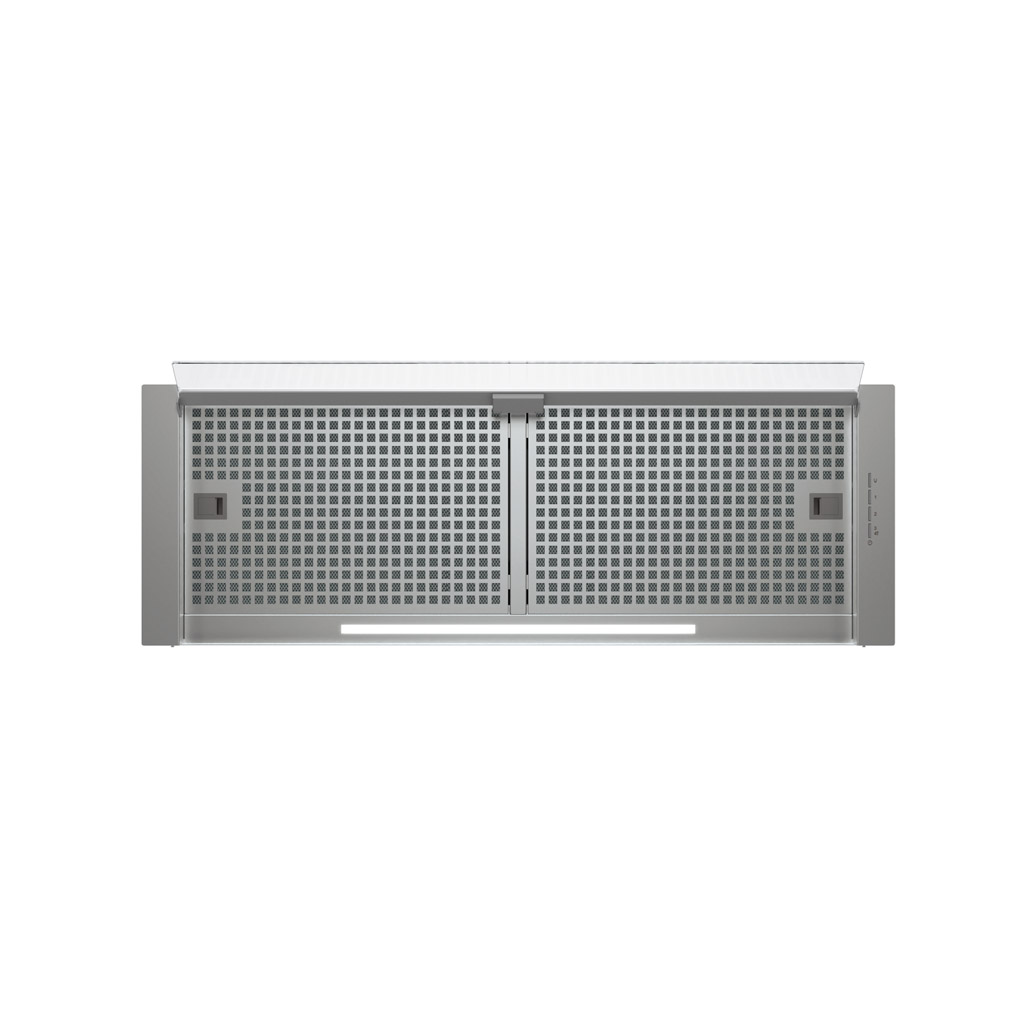 Una campana extractora plateada con dos rejillas y una tira de luz LED.