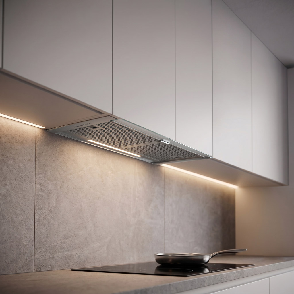 Cocina moderna con campana extractora de acero inoxidable sobre vitrocerámica y sartén.