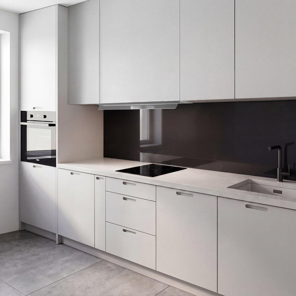 Cocina blanca moderna con horno empotrado, placa de inducción y grifo negro.