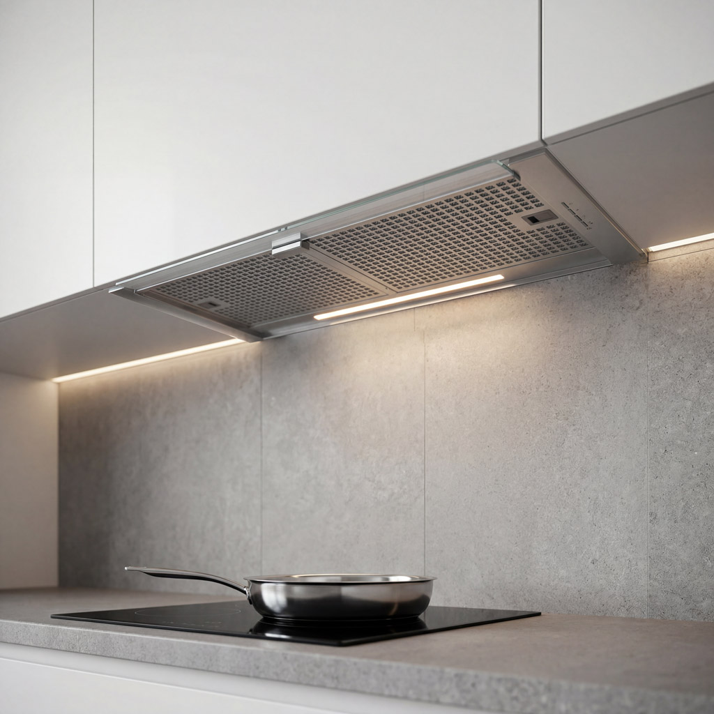 Una campana extractora de cocina moderna con iluminación integrada sobre una placa de inducción con sartén.