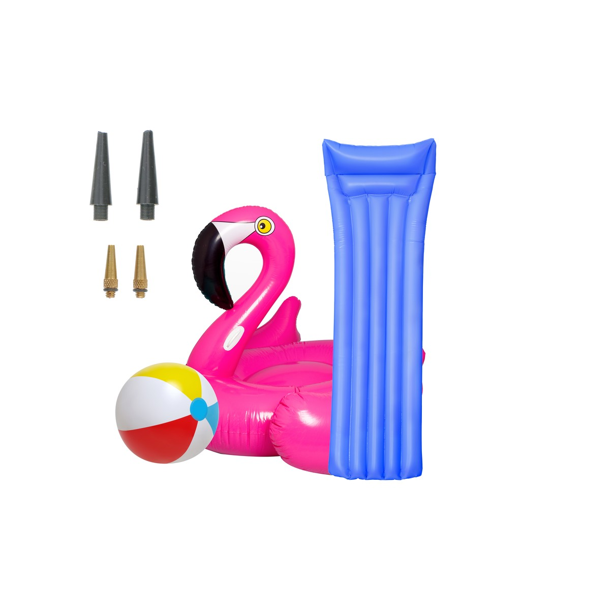 Pink inflatable flamingo, blue air mattress, beach ball, and pump nozzles on white.