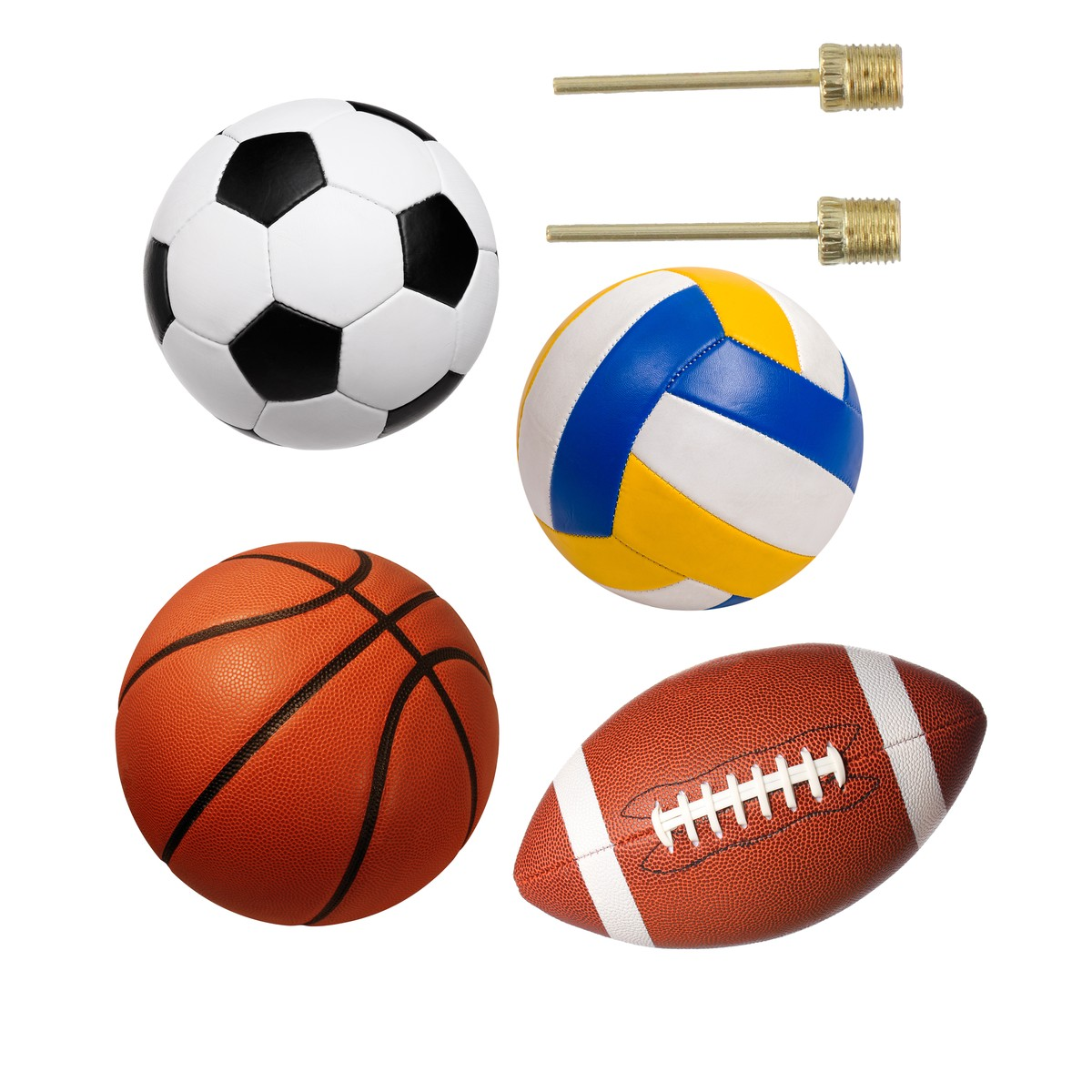 A soccer ball, volleyball, basketball, football, and two inflation needles.