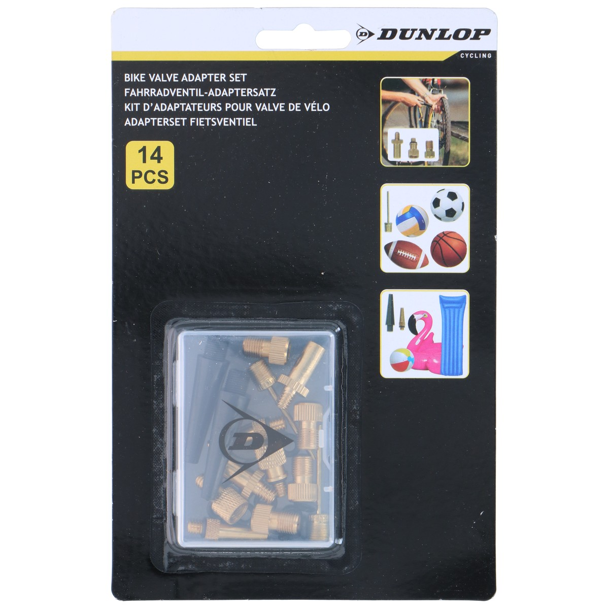 Dunlop bike valve adapter set with 14 pieces in blister pack.