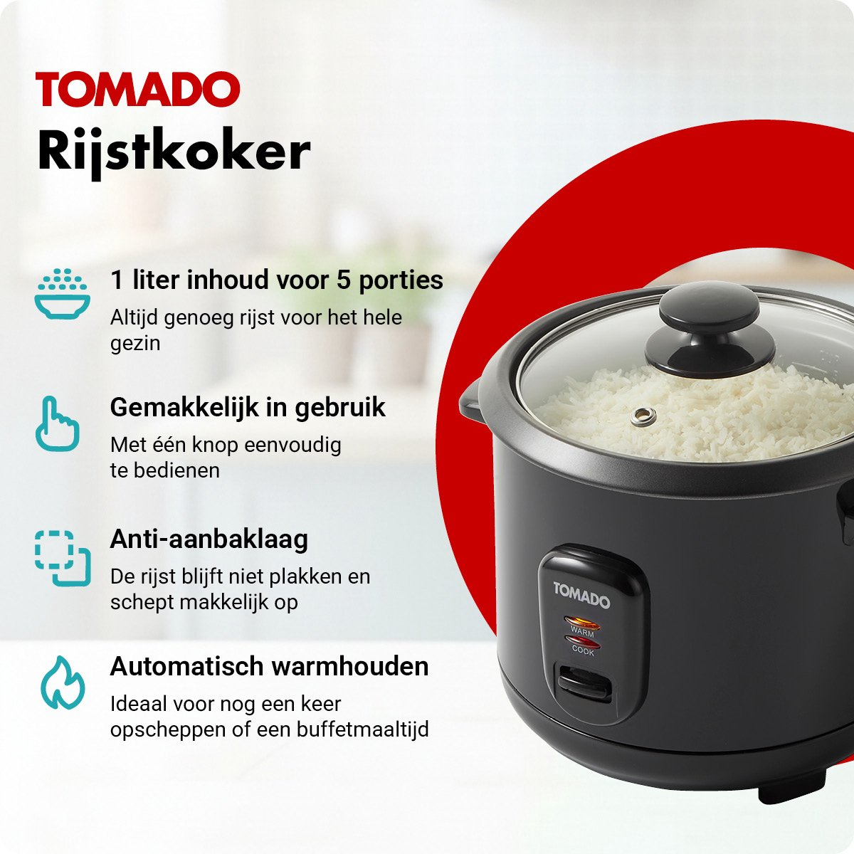 Black Tomado rice cooker with glass lid, filled with rice. Features: 1L for 5 portions, easy operation, non-stick, auto keep warm.