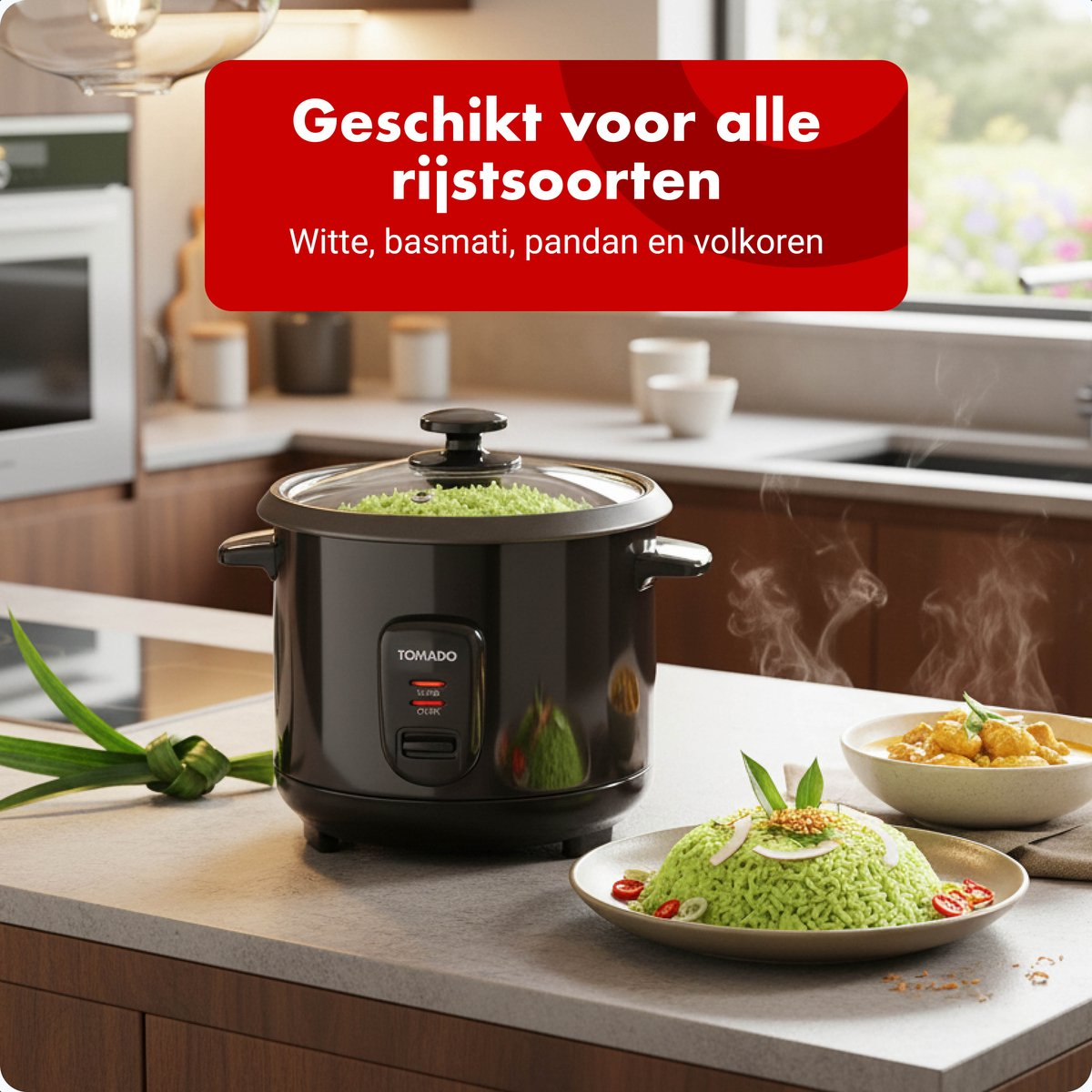 Black rice cooker with green rice on a plate and in a bowl, steam rising.