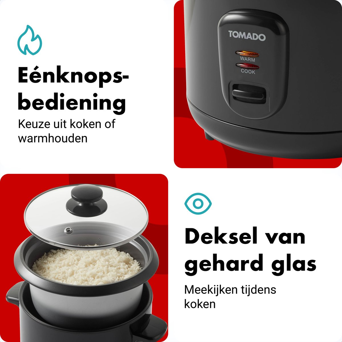 One-button operation and glass lid for rice cooker with cook and warm modes.