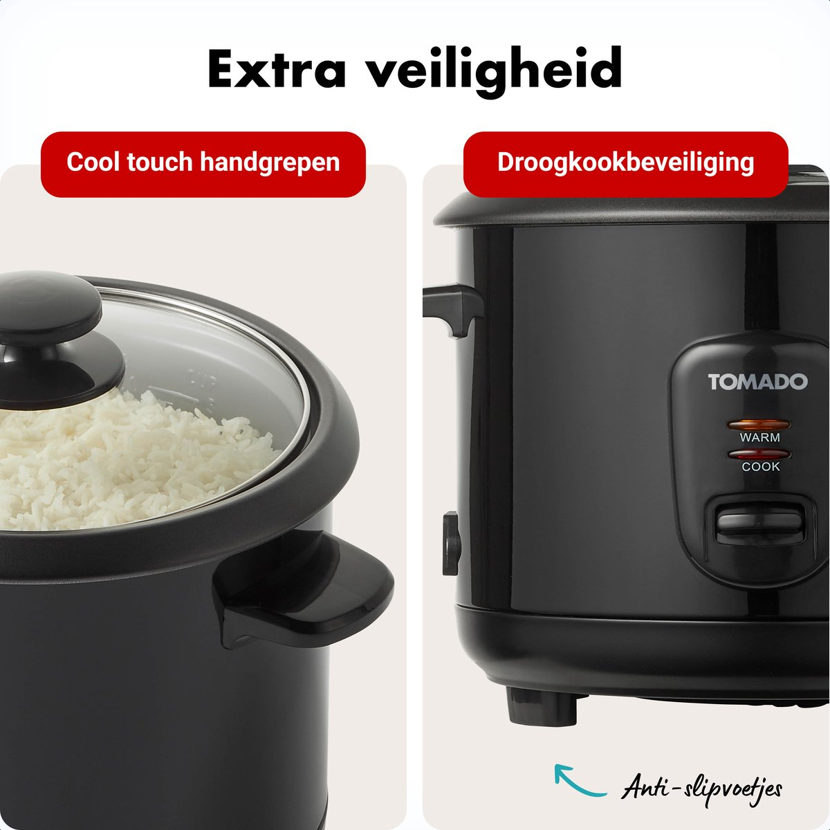 Rice cooker with cook and warm indicators, cool handles, and anti-slip feet.