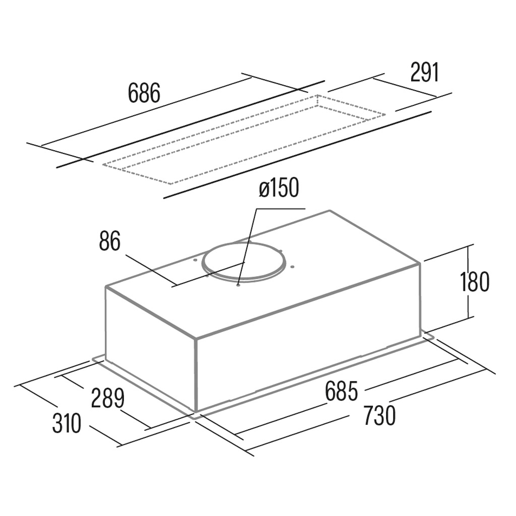 Disegno tecnico di una cappa da cucina con dimensioni.