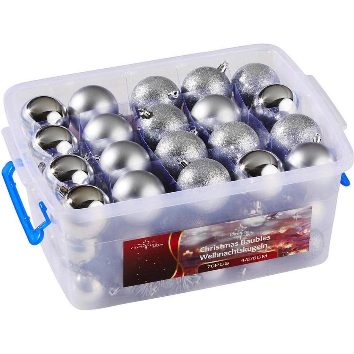 A clear plastic box filled with silver and glittery Christmas baubles, 70 pieces, 4/5/6cm.
