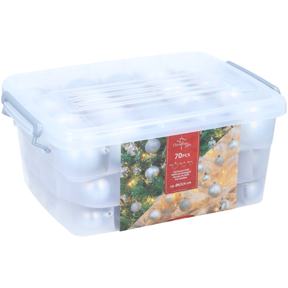 Clear storage box containing 70 silver Christmas baubles.