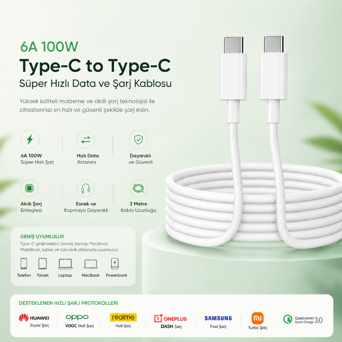 Hızlı veri ve şarj için beyaz 100W Type-C'den Type-C'ye kablo.