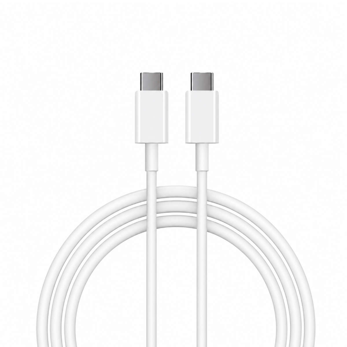 Gümüş konektörlü iki beyaz USB-C kablosu, rulo halinde.