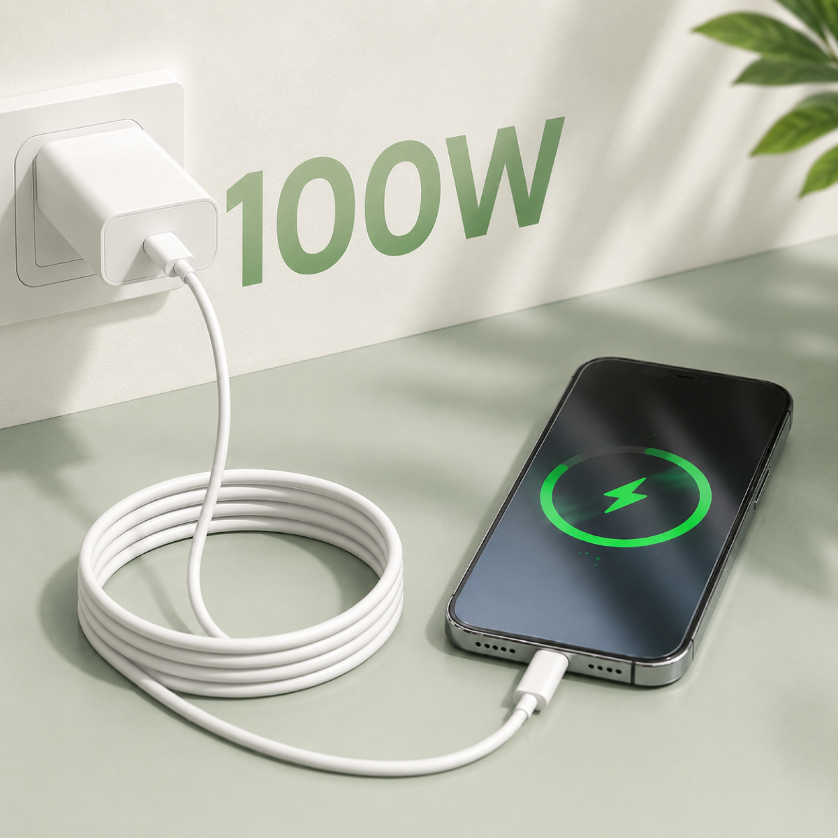 Prizde takılı beyaz şarj cihazı, bir kablo 100W ile akıllı telefonu şarj ediyor.