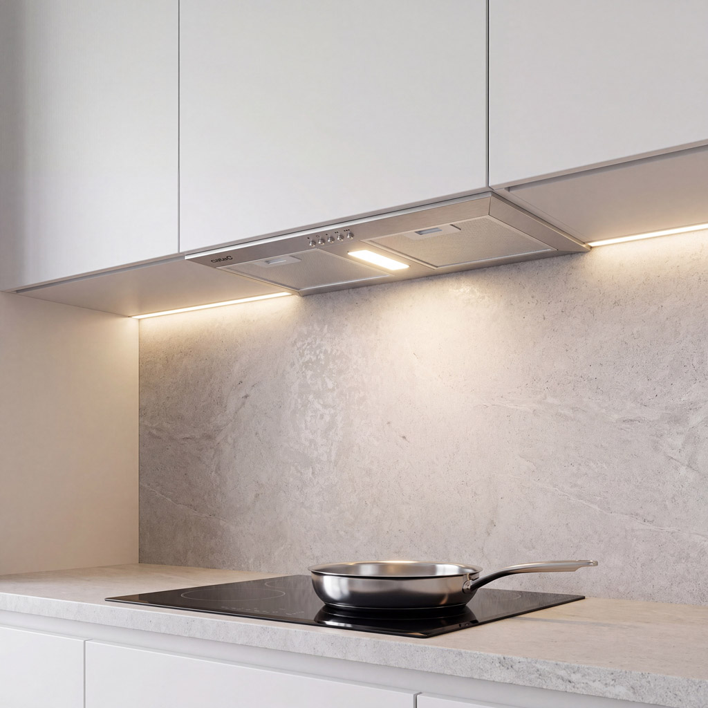 Una moderna cucina con cappa in acciaio inox e padella.