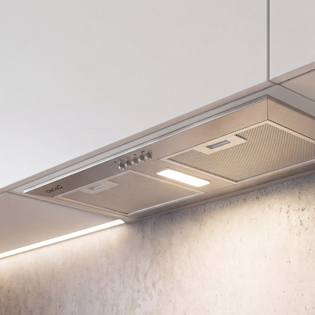 Cappa aspirante in acciaio inox con luci e manopole sopra un muro di cemento.