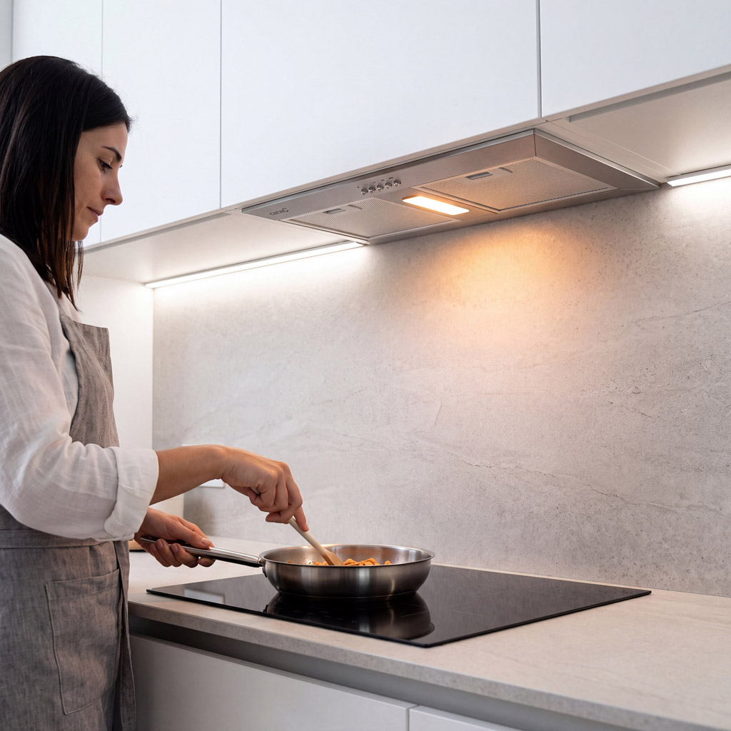 Donna con grembiule cucina in una cucina moderna, mescolando cibo in padella su piano cottura a induzione.