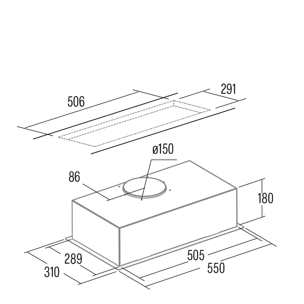 Disegno tecnico di un inserto per cappa aspirante con dimensioni.