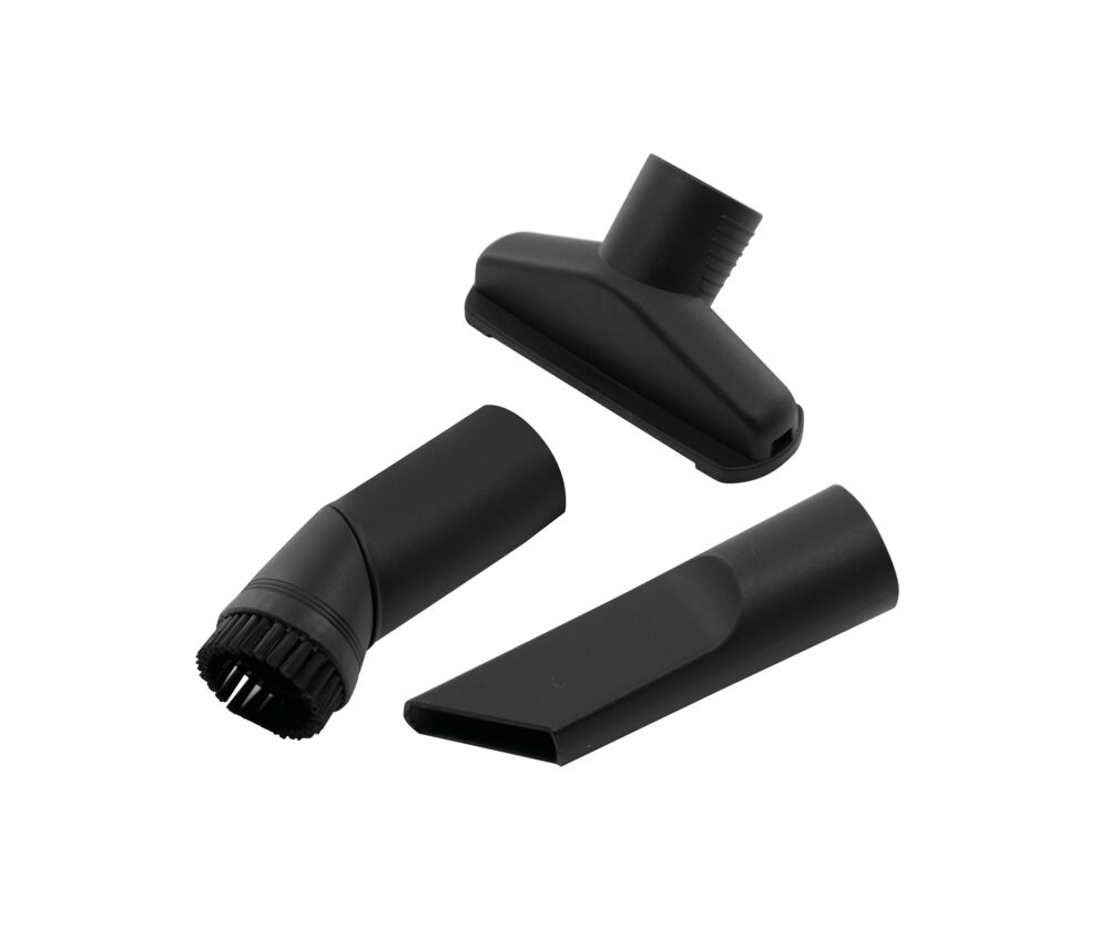 Three black vacuum cleaner attachments: a narrow crevice tool, a brush tool, and a wide flat tool.