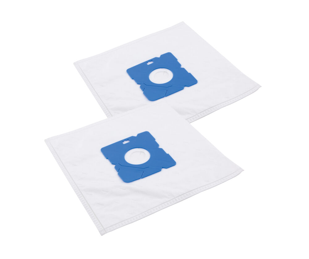 Deux sacs d'aspirateur blancs avec des supports bleus sont couchés côte à côte.