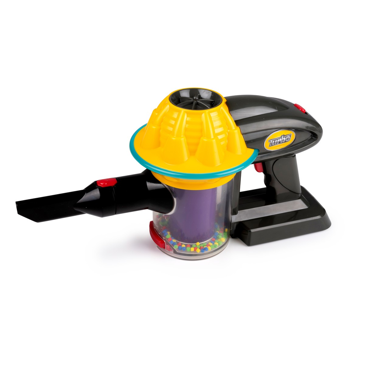 A toy vacuum cleaner with a yellow top, clear purple bin, and black nozzle.