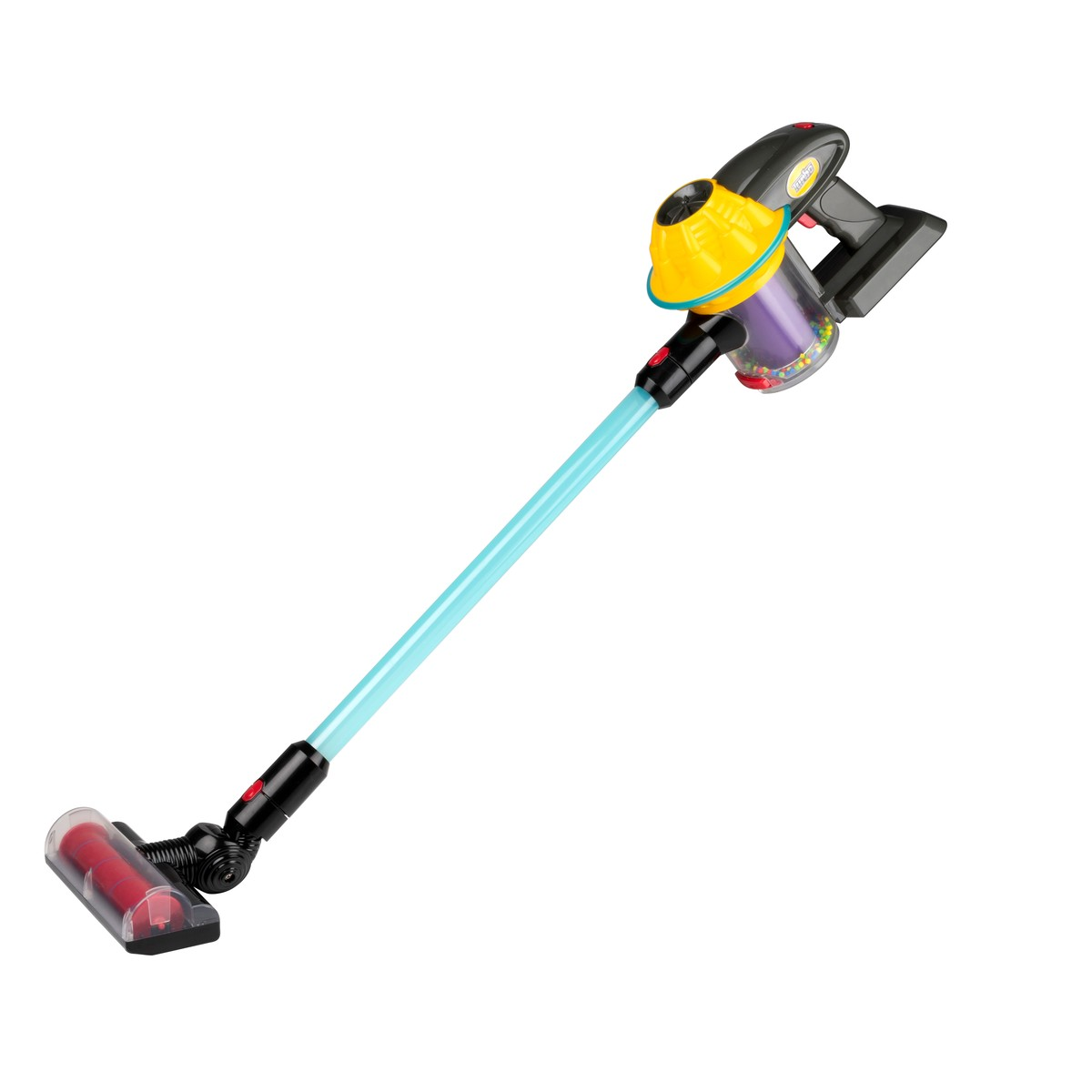 A light blue toy vacuum cleaner with yellow and black handle.