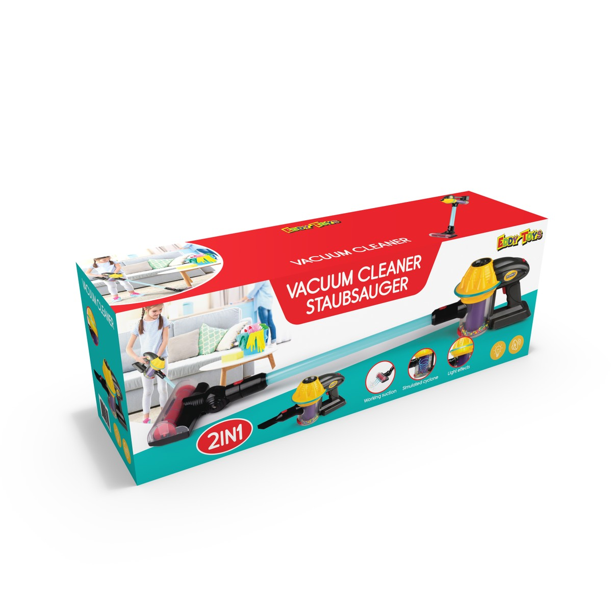 Packaging of a toy vacuum cleaner with two children using it.
