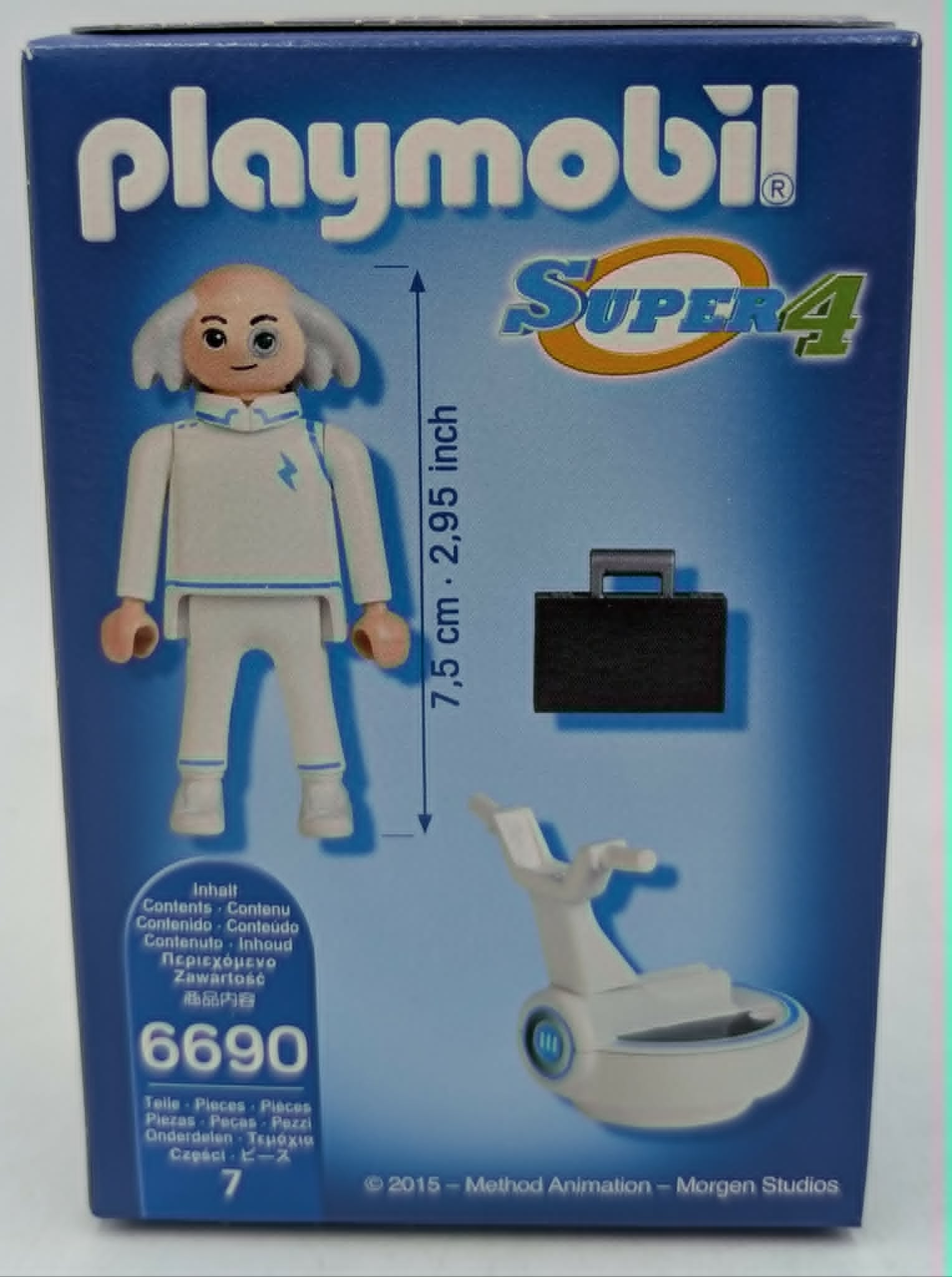 Playmobil Super 4 Box mit Figur, Koffer und futuristischem Stuhl.