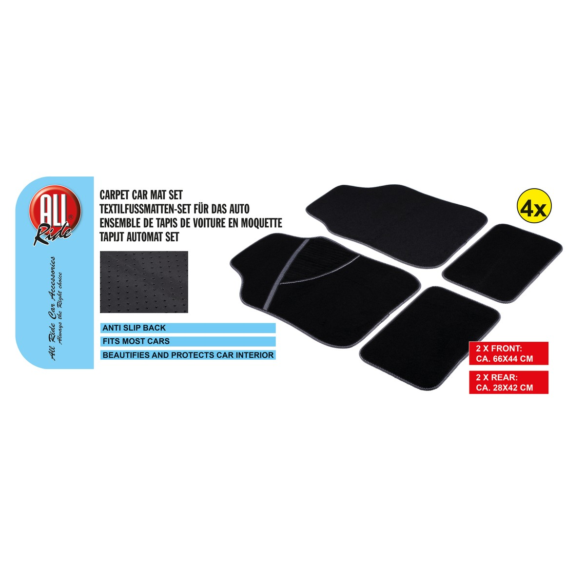 Black carpet car mat set, 4 pieces with anti-slip back. Fits most cars.