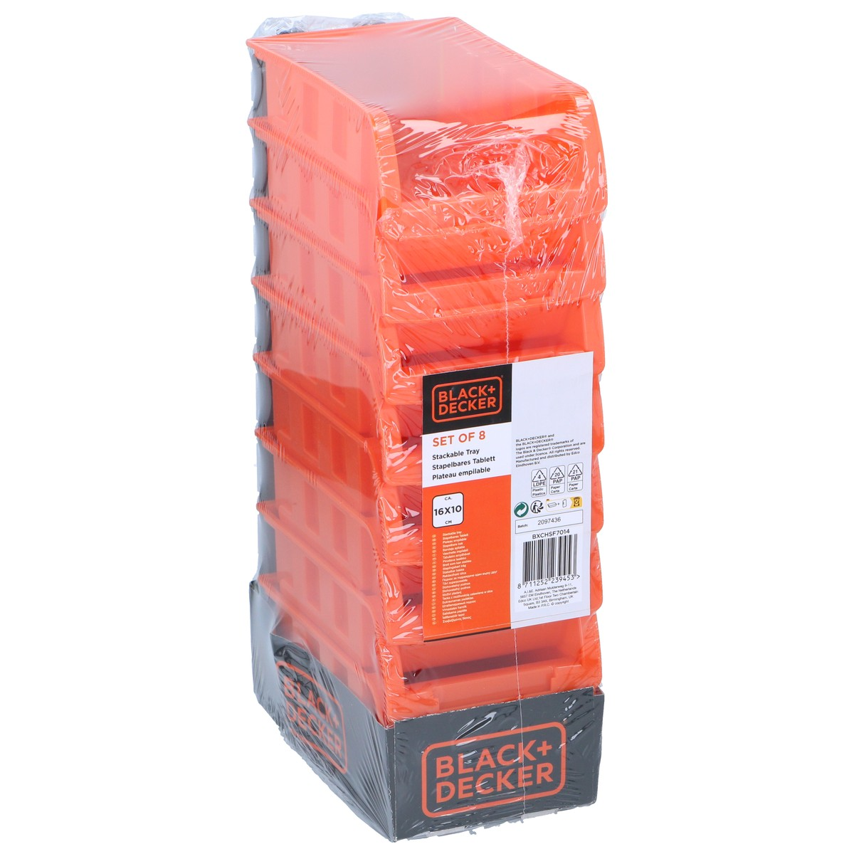 Ein Set aus 8 orangen stapelbaren Aufbewahrungsschalen von BLACK+DECKER.