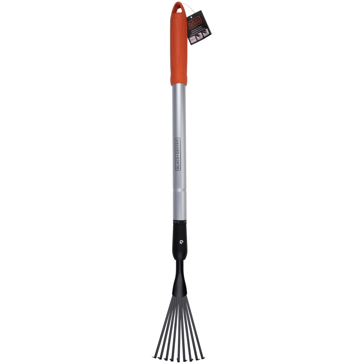 An adjustable rake with an orange handle and a silver shaft. Black+Decker logo visible.
